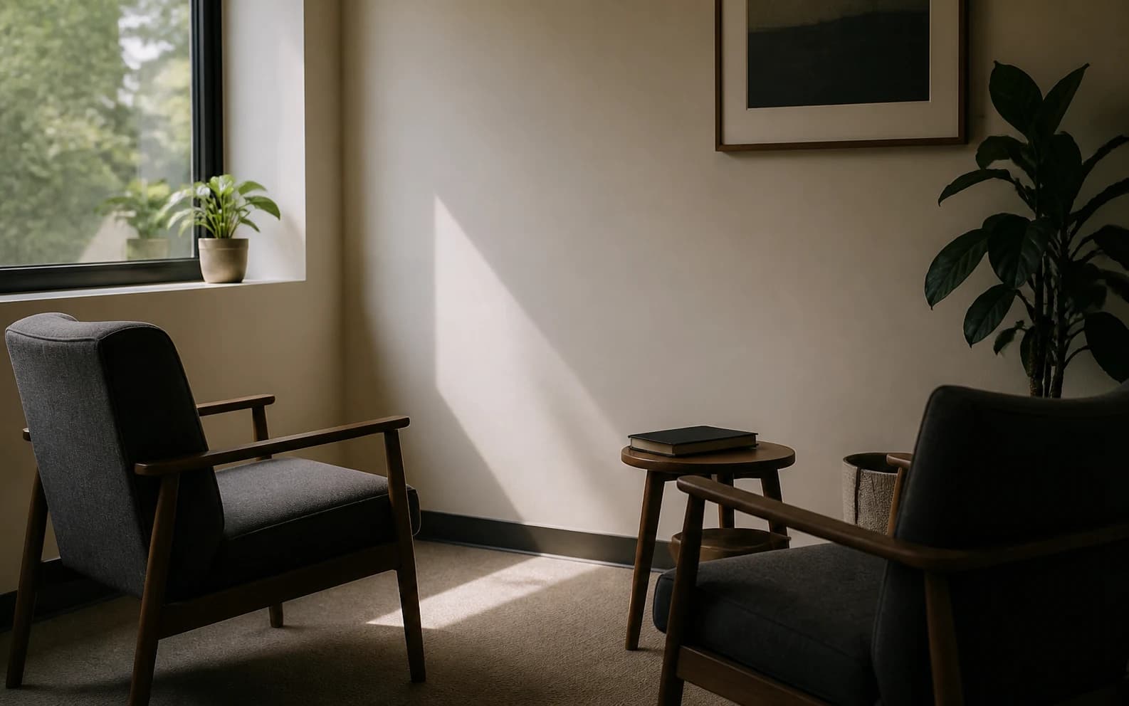 Consultório vazio com duas poltronas e uma faixa de luz natural atravessando o ambiente.