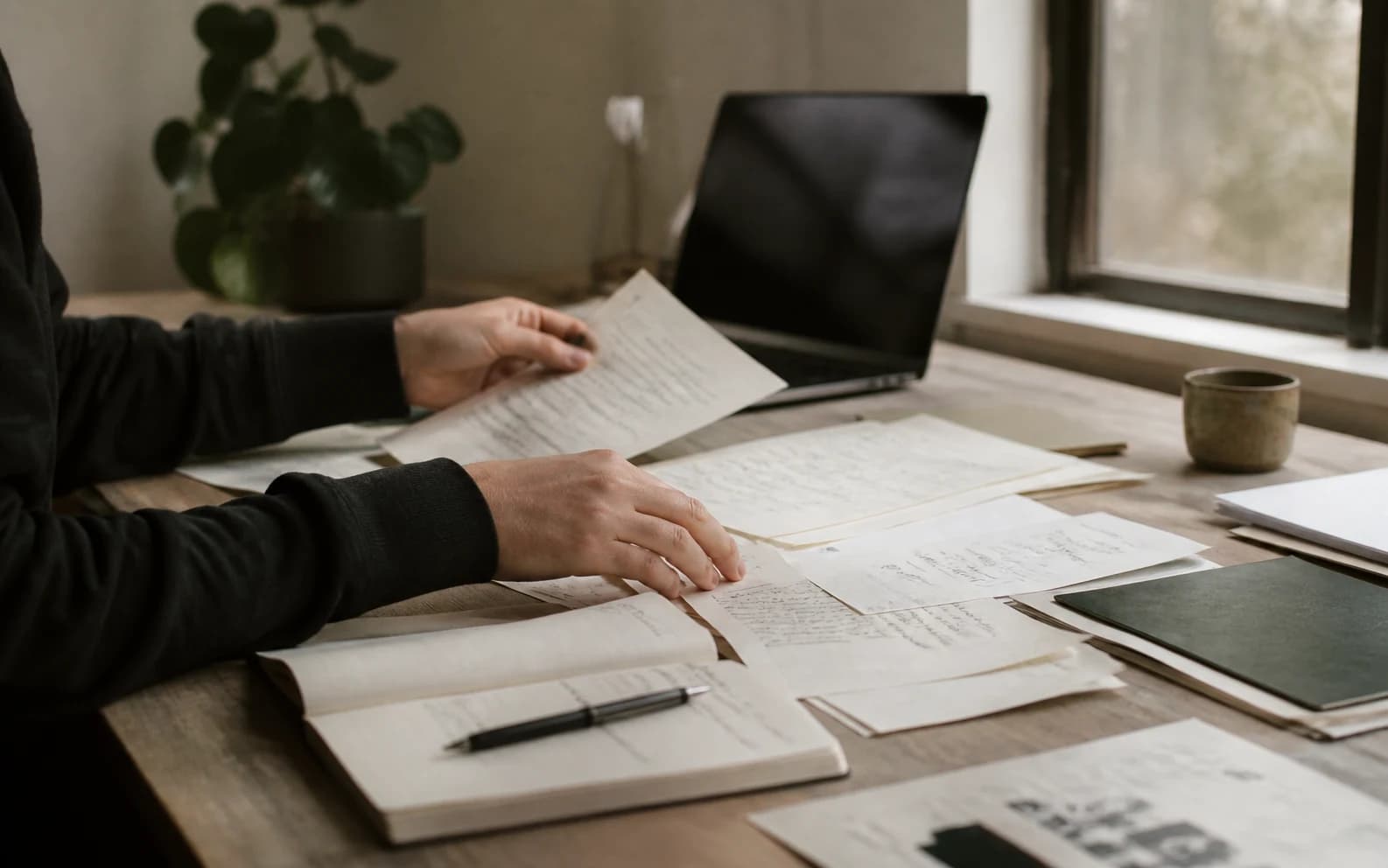 Pessoa revisa documentos e anotações sobre uma mesa, com um computador desfocado ao fundo.