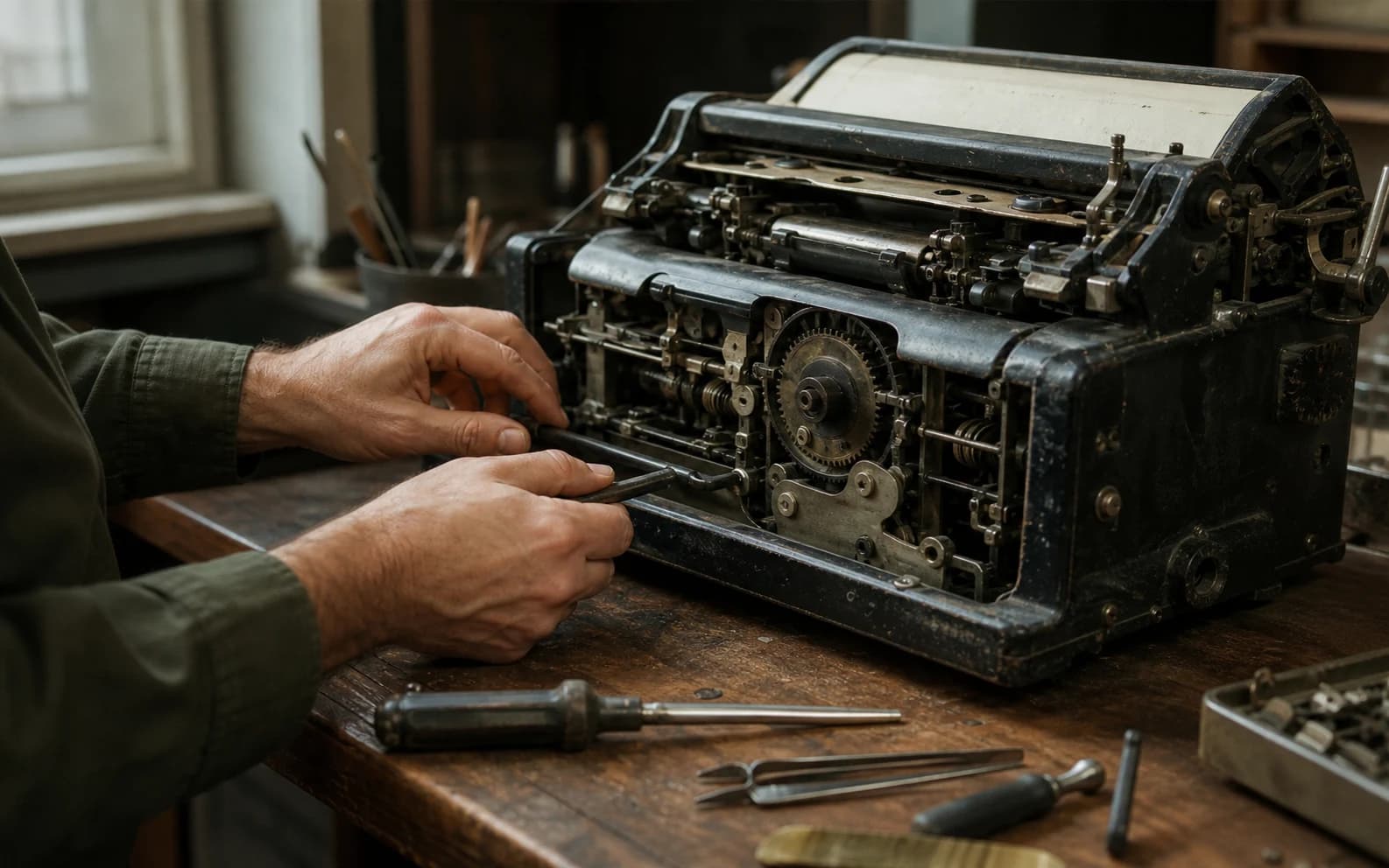Técnico repara o mecanismo exposto de uma máquina de escrever antiga sobre uma bancada.